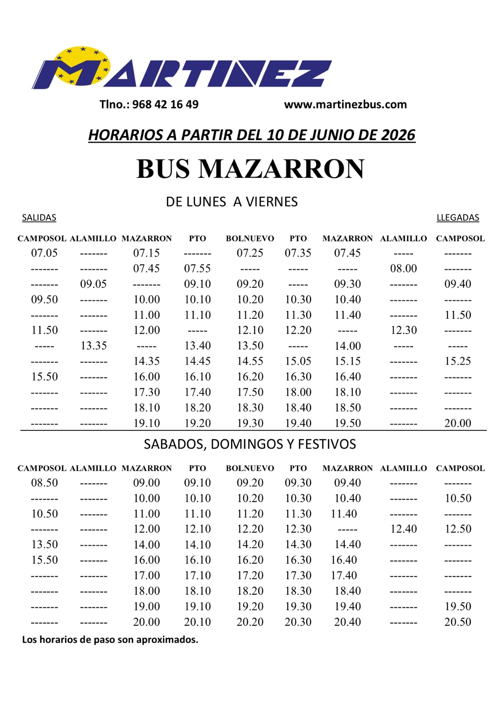 Mazarr&oacute;n town bus timetable - Mart&iacute;nez, from 10 June 2026