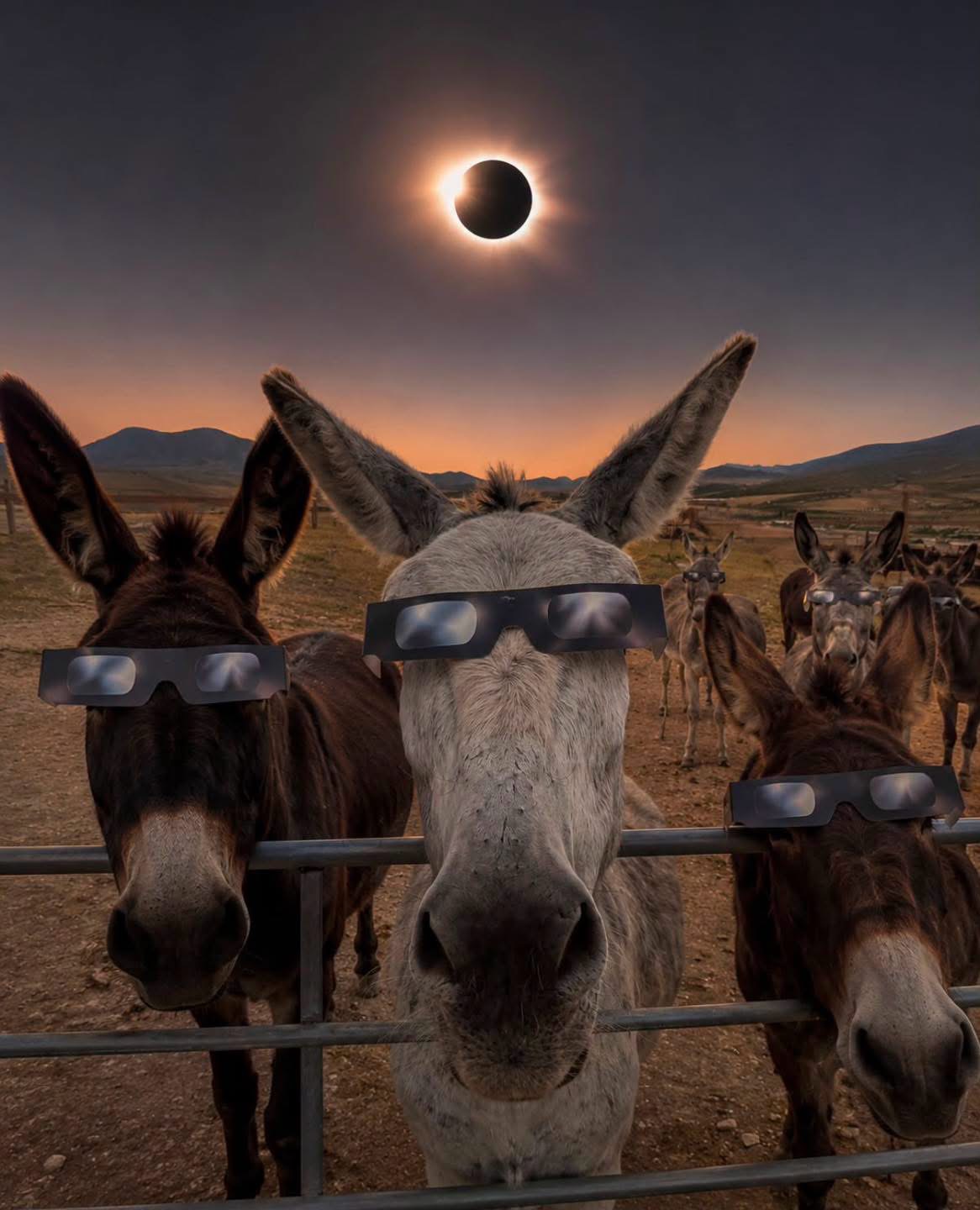Donkeys wearing eclipse glasses at Andrea's Animal Rescue during a solar eclipse
