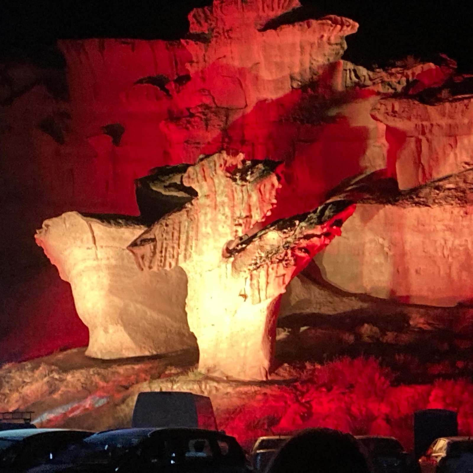 The Gredas cliffs at Bolnuevo lit up red at night, Costa Calida