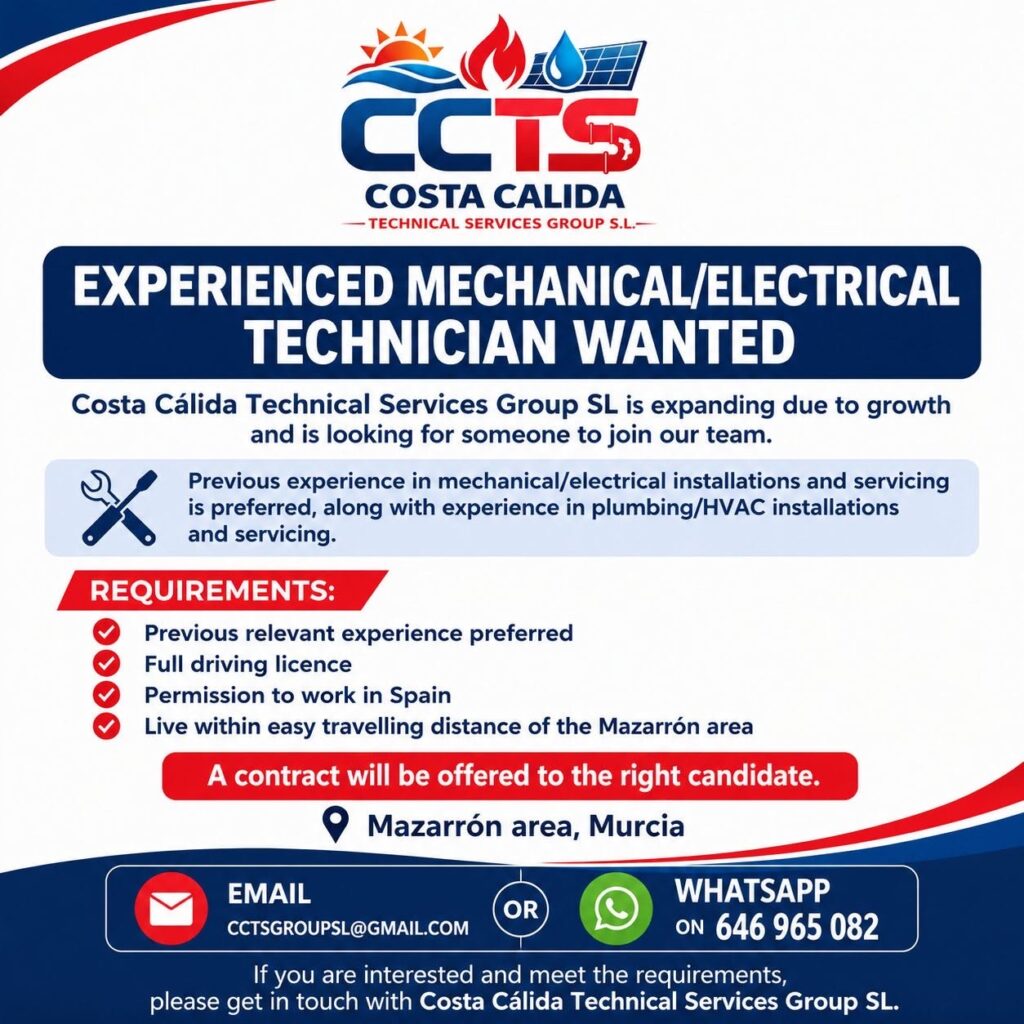 CCTS experienced mechanical and electrical technician wanted, Mazarron area