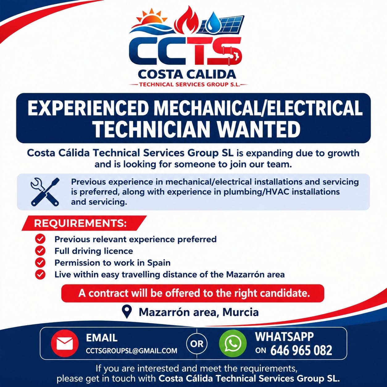 CCTS experienced mechanical and electrical technician wanted, Mazarrón area