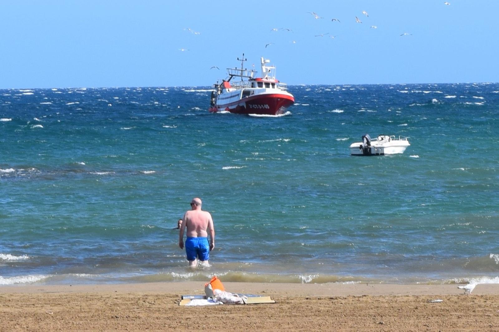 A red and white fishing trawler coming in past the gulls, a bather watching from shore