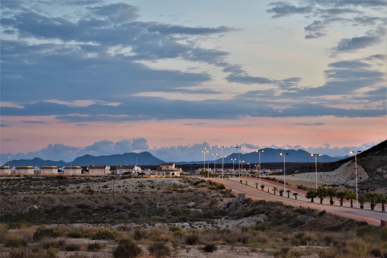 Sunset over the Upper C sector of Camposol, villas and a palm-lined road